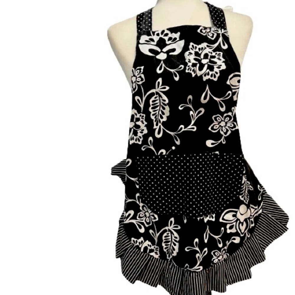 Flirty Ruffly Full Apron Long Sash Tie Black & White Floral Striped Dotted Print